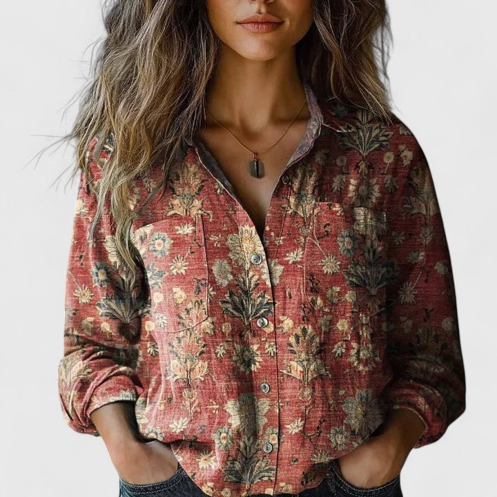 Delanoviah | Long Sleeve Vintage Floral Lapel Collar Boho Linen Blouse