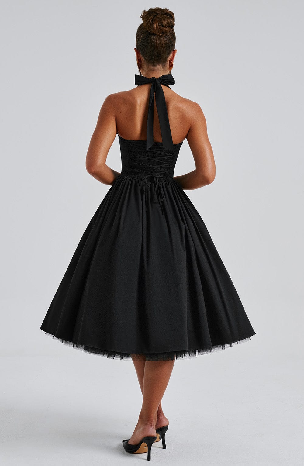 Chloe | Halter Tie Back Structured Bodice Voluminous Midi Wedding Guest Dress