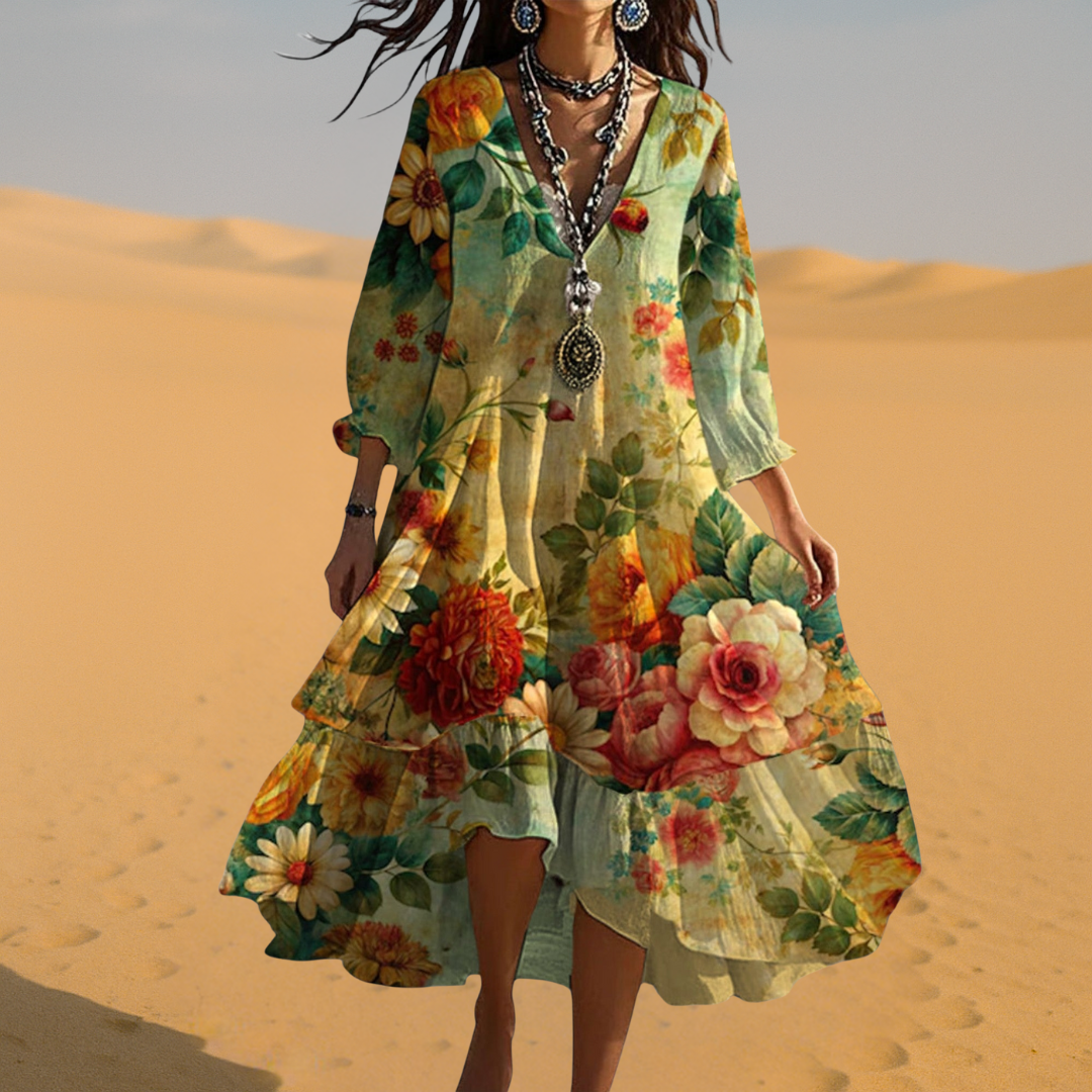 Flora | 3/4 Sleeve Floral V Neck Tiered Boho Midi Dress