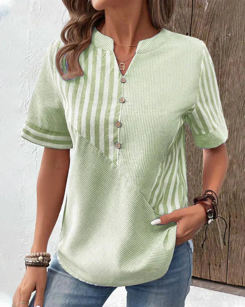 Monroe | Short Sleeve Striped Colorblock Stand Collar Relaxed Top