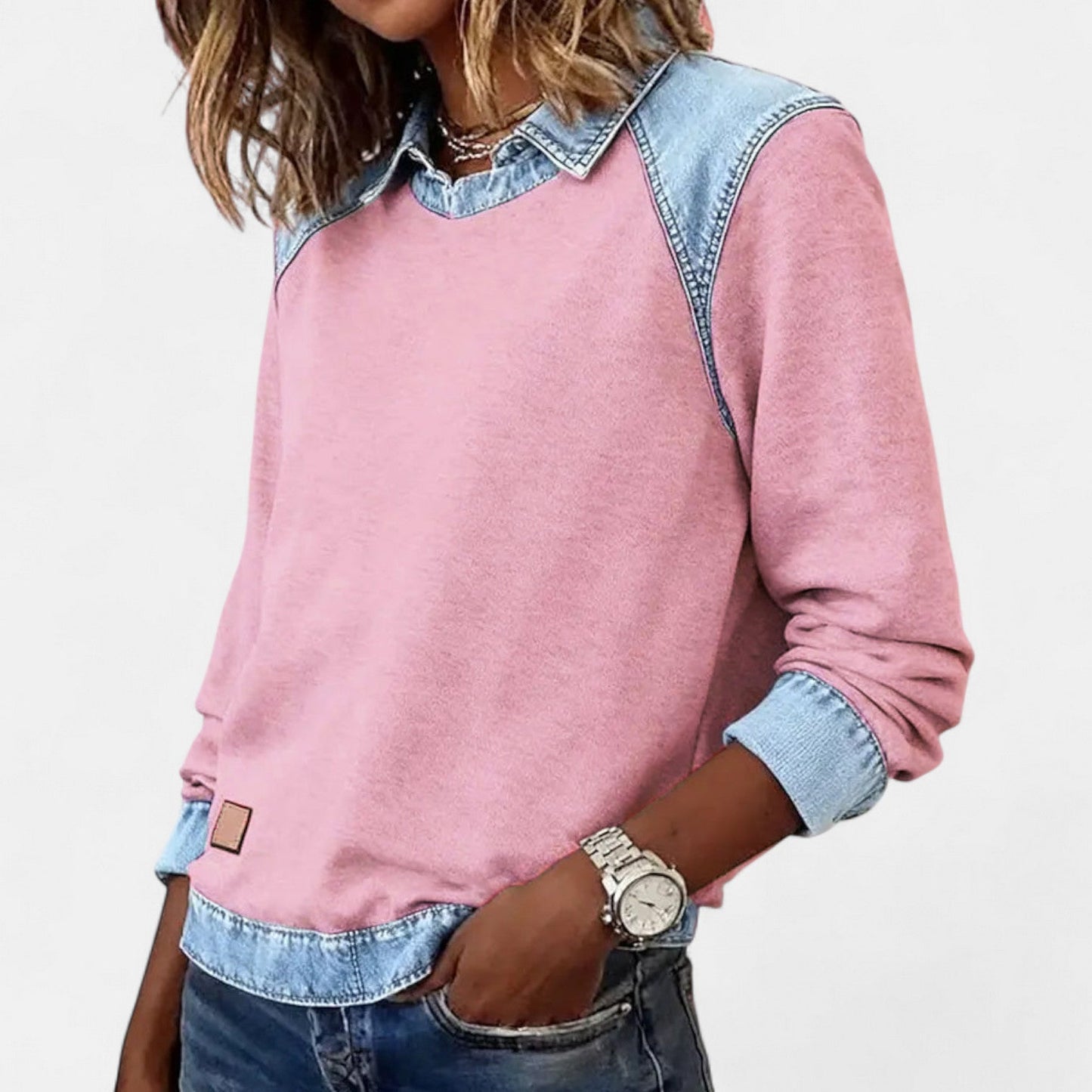 Marlowe | Women's Denim Contrast Colour Block Long Sleeve Sweatshirt