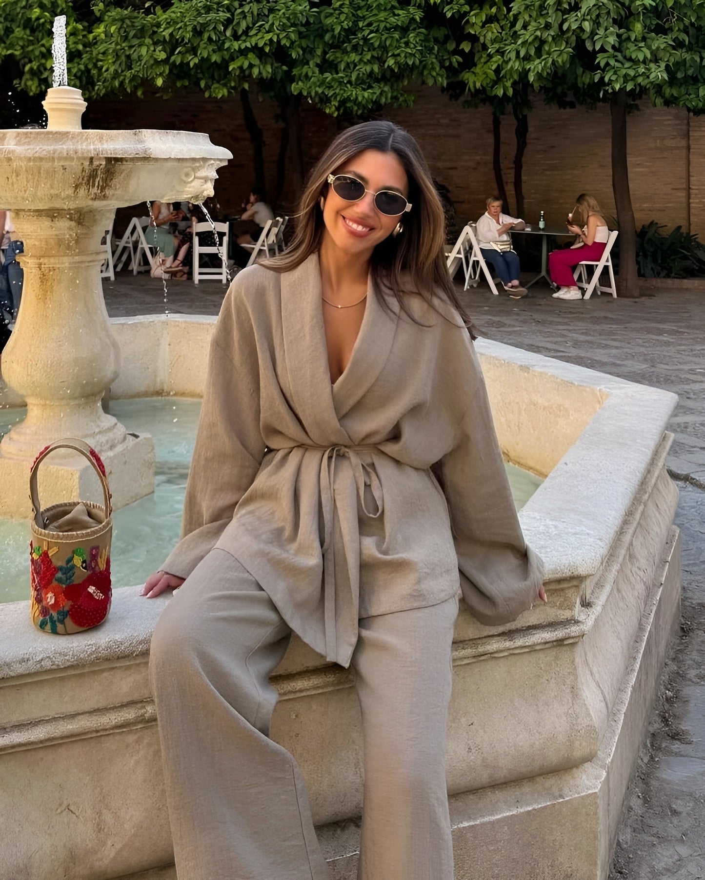 Delara | Women's Belted Kimono Wide Leg Two-Piece Set