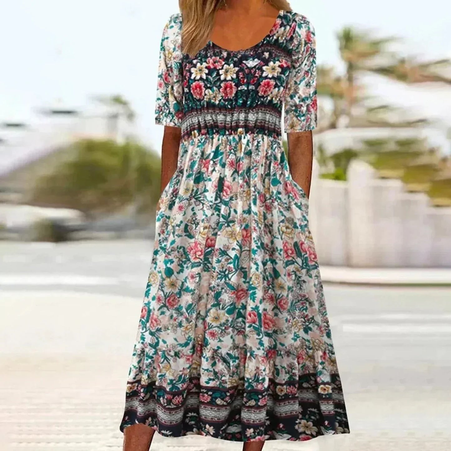 Abigail | Short Sleeve Square Neck Boho Print Relaxed Casual Midi Dress