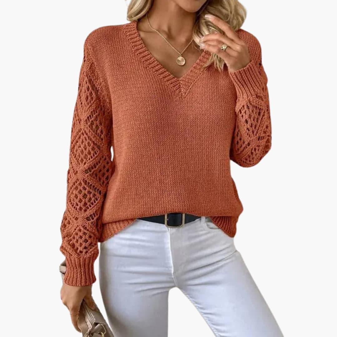 Marlowe | Women's Crochet Sleeve V-Neck Relaxed Knit Sweater