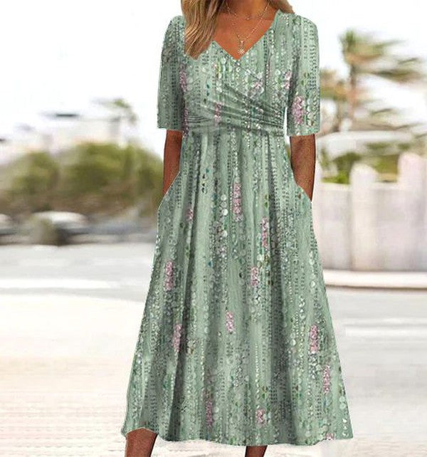 Audrey | Short Sleeve Floral V Neck Ruched Waist A-Line Midi Summer Dress