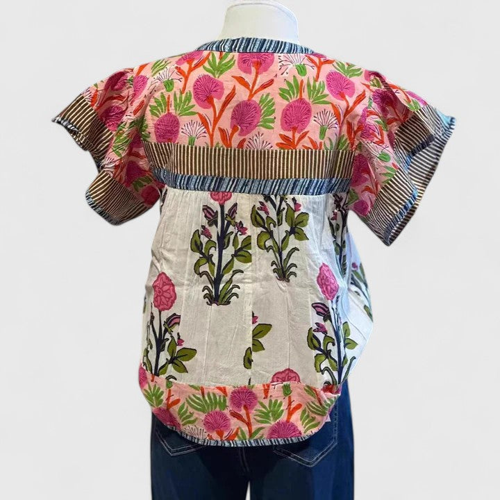 Elarion | Puff Sleeve Mixed Floral Print Notch Neck Relaxed Boho Blouse