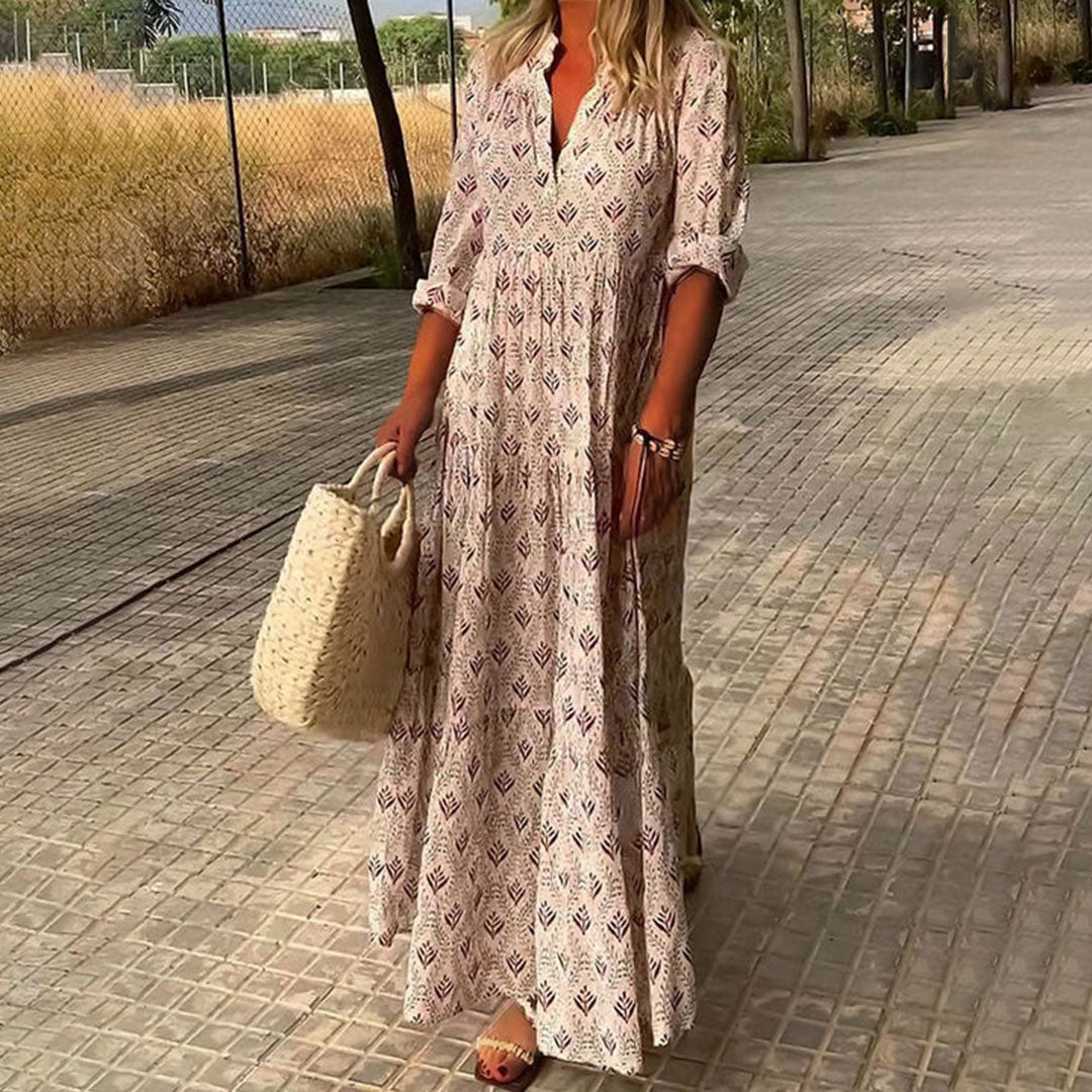Sage | V Neck Roll Up Sleeve Boho Print Relaxed Maxi Dress