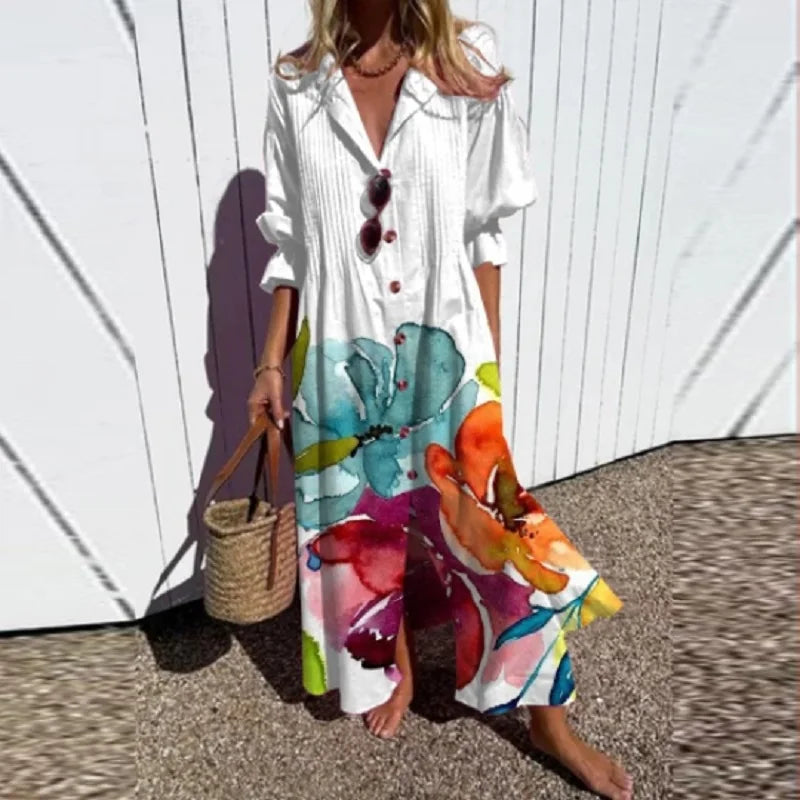 Catherine | Long Sleeve Floral Button Front Tiered Boho Maxi Summer Dress