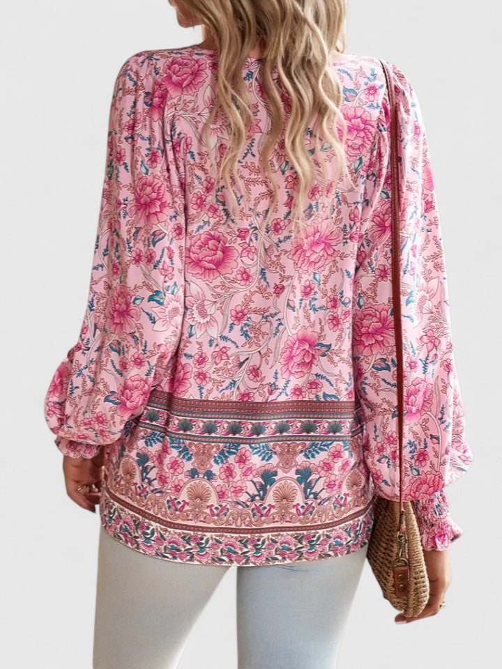 Wren | Floral Boho Print Smocked Tie Neck Puff Sleeve Blouse