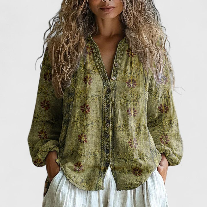Mykayla | Long Sleeve V Neck Contrast Trim Boho Printed Linen Blouse