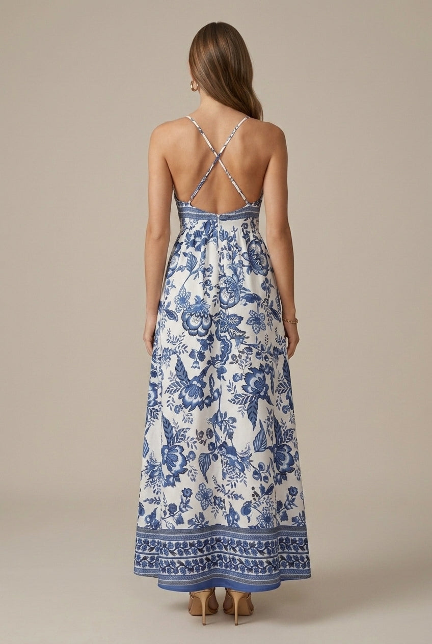 Isla | Floral Deep V Neck Smocked Waist Boho Maxi Dress