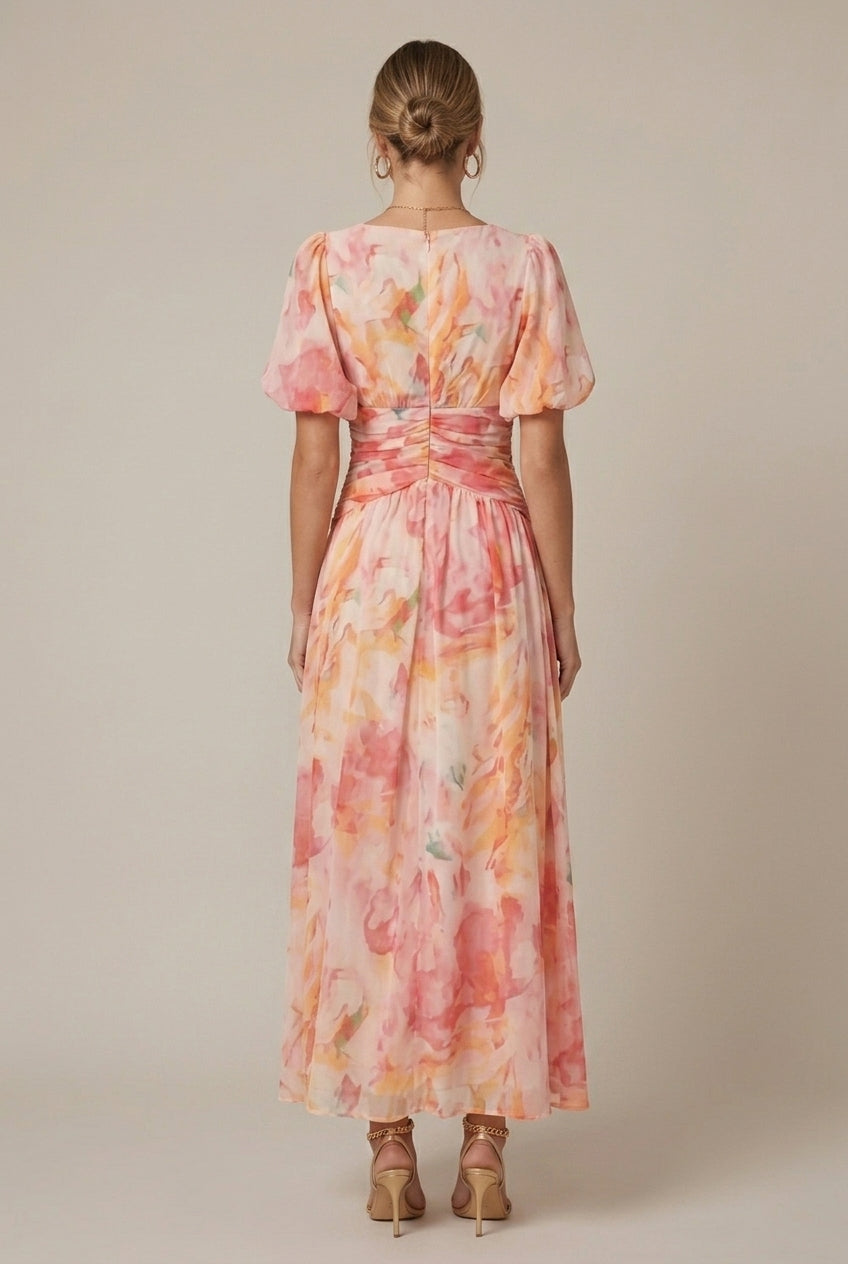 Ava | Floral Puff Sleeve Deep V Neck Ruched Waist Maxi Dress