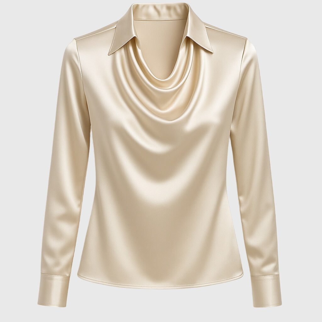 Brooklyn | Collared Cowl Neck Satin Long Sleeve Elegant Blouse