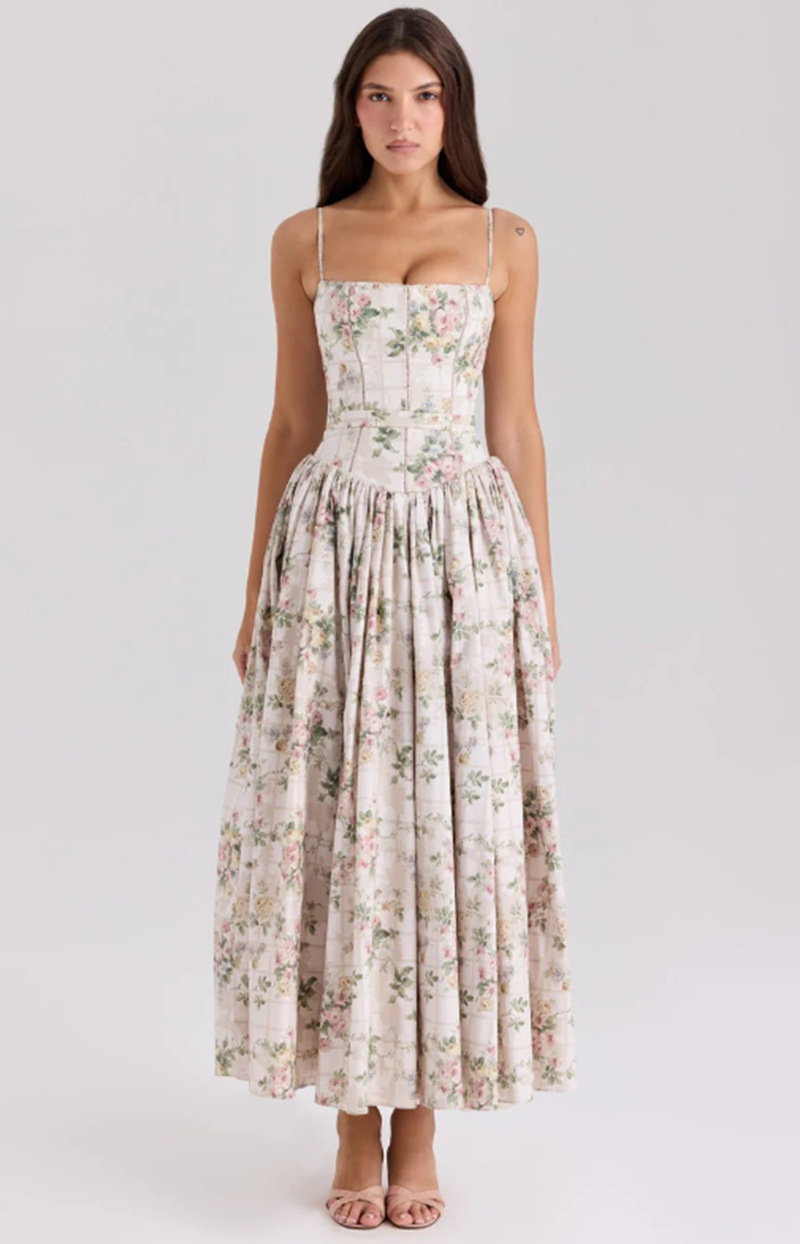 Gabriella | Corset Bodice Flowing Skirt Midi Wedding Guest Dress