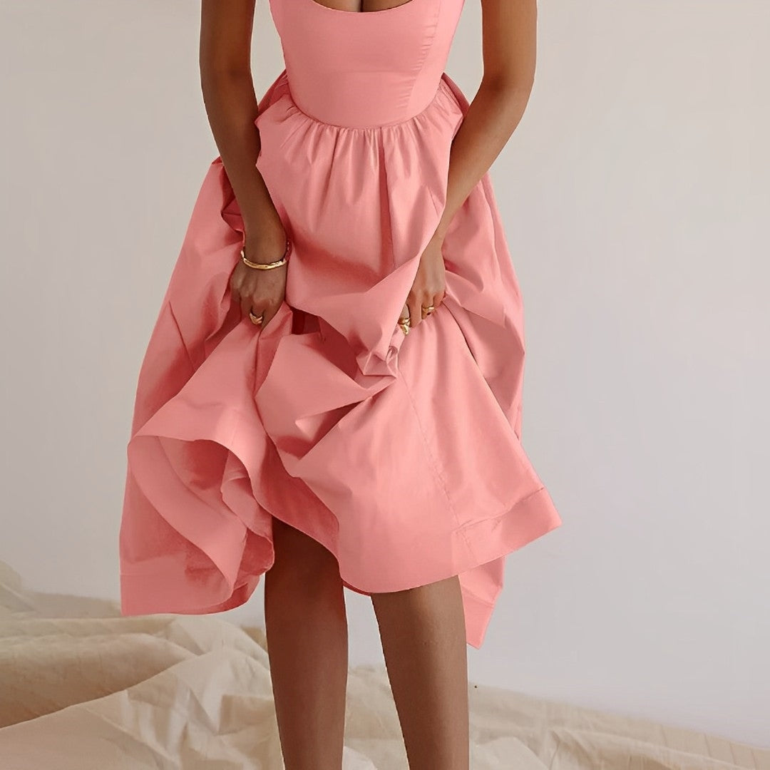 Alina | Fitted Bodice Spaghetti Strap A-Line Midi Elegant Summer Dress