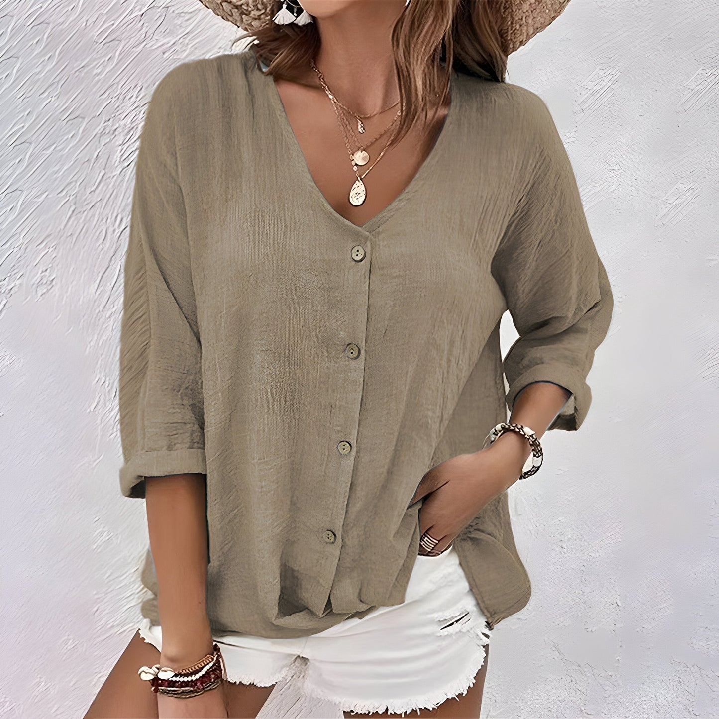 Marcia | 3/4 Sleeve V Neck Button Down Relaxed Casual Blouse
