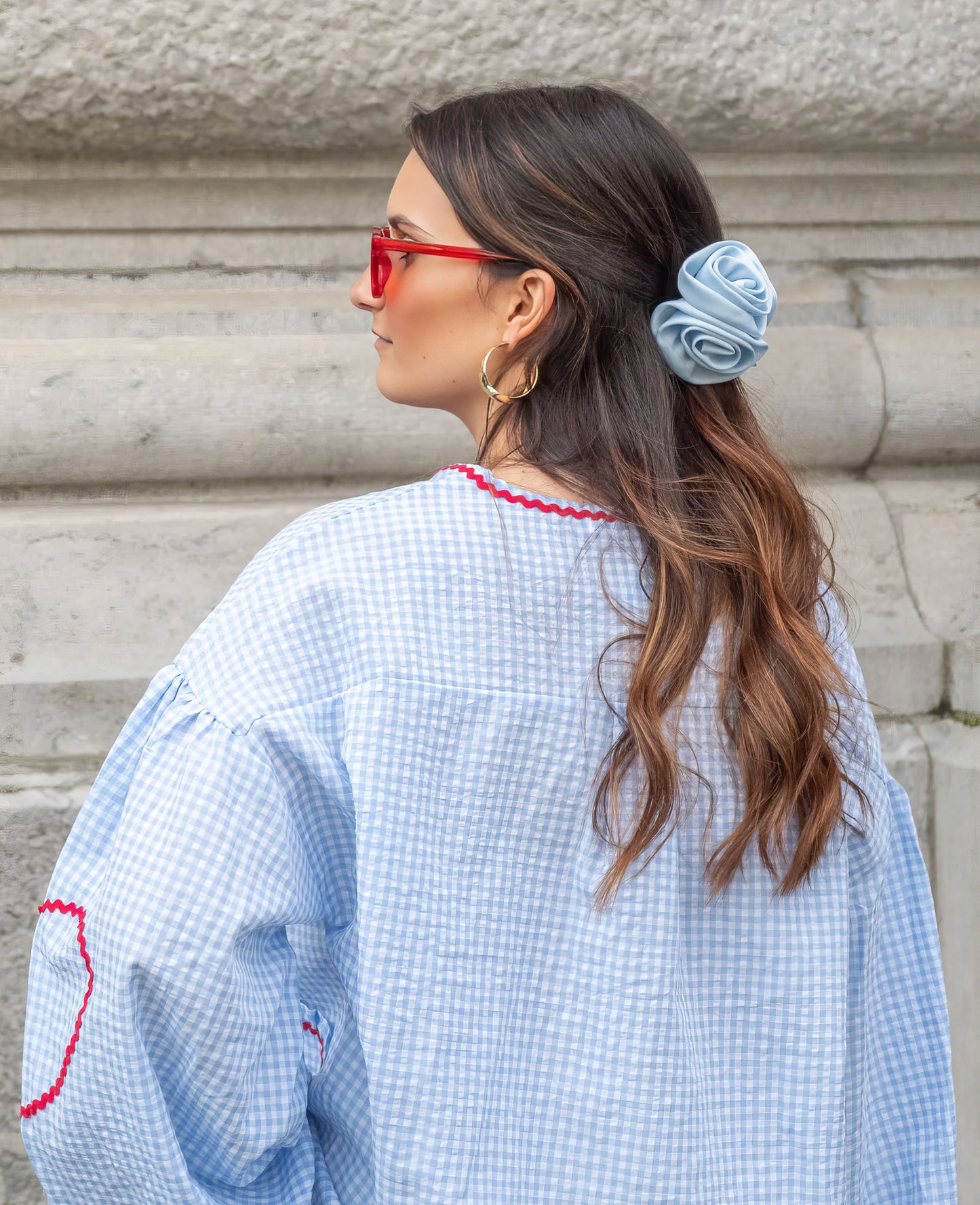 Susan | Tie Front Gingham Ruffle Trim Puff Sleeve Casual Blouse
