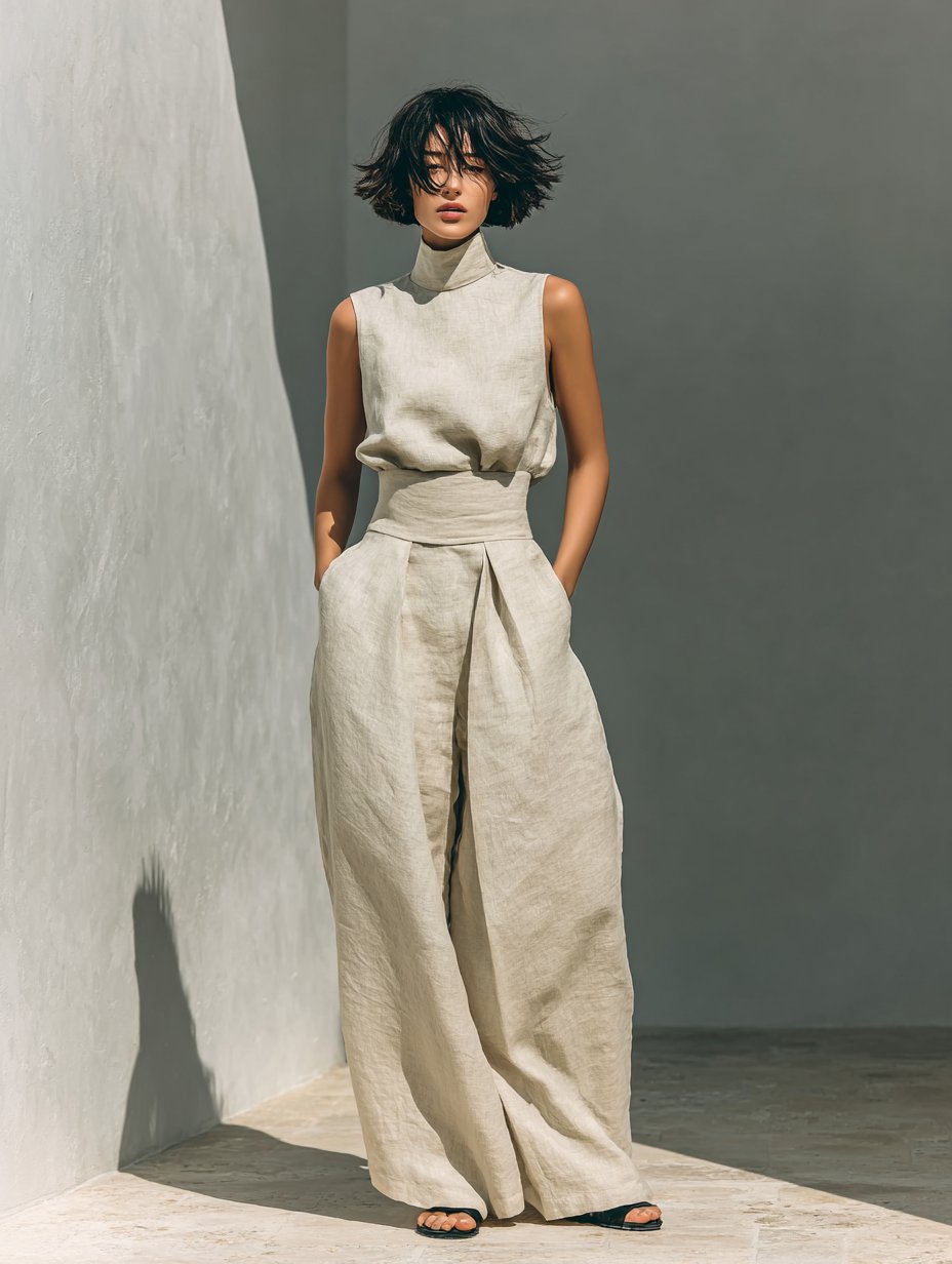 Emma | Turtleneck Sleeveless Top Wide Leg Pants Linen Blend Two Piece Set