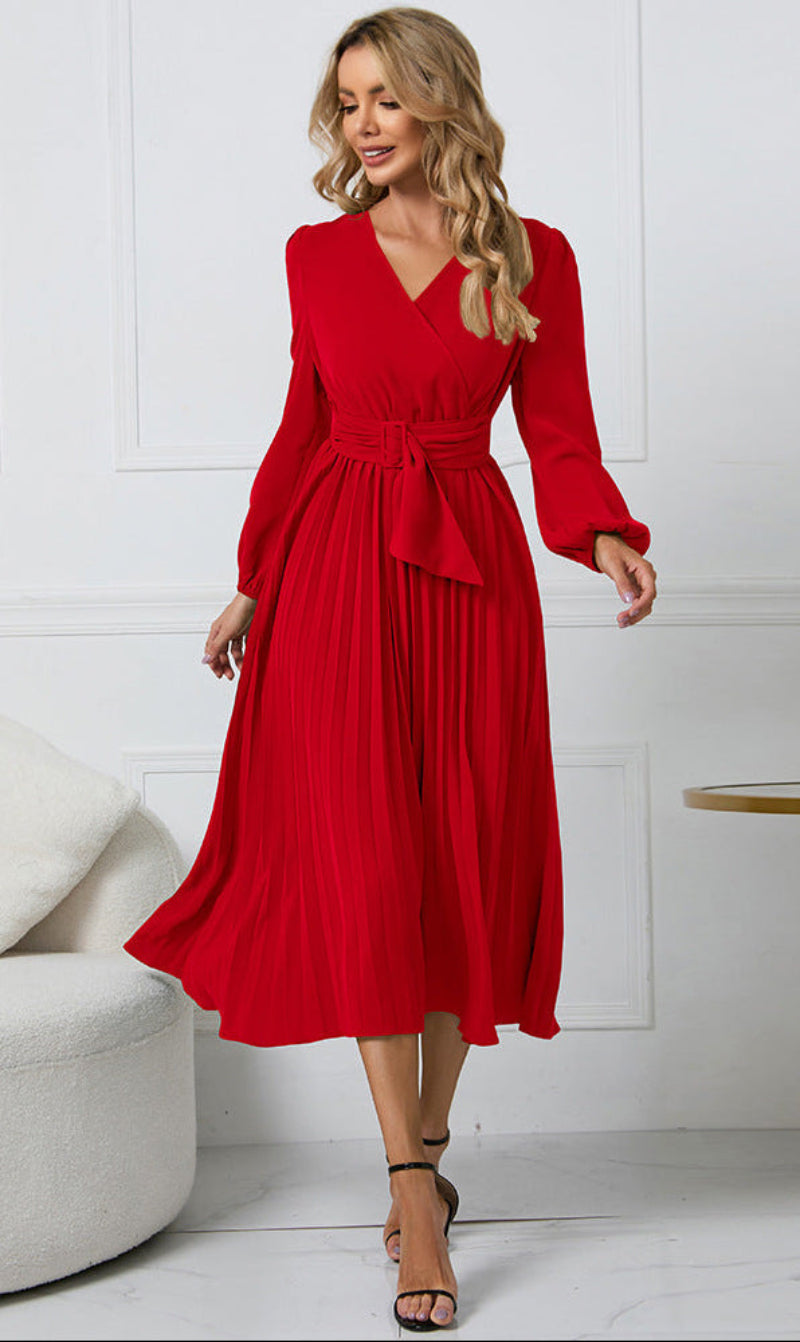 Grace | Long Sleeve Wrap Neck Waist Tie Pleated Midi Wedding Guest Dress