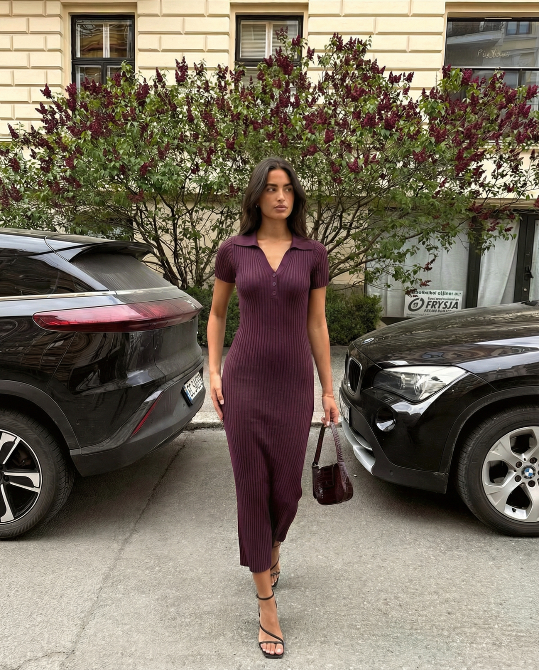 Harper | Ribbed Knit Polo Neck Slim Fit Midi Dress
