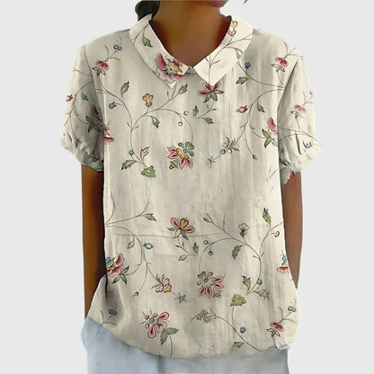 Jenna | Short Sleeve Floral Print Collared Relaxed Linen Blouse