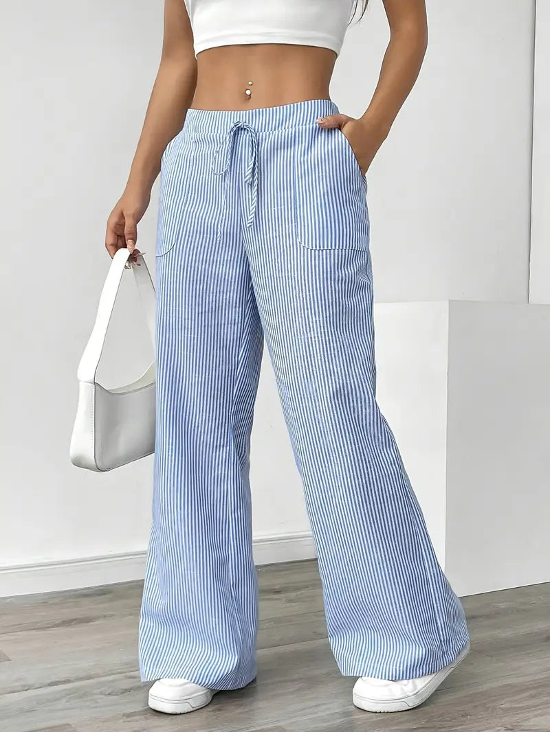 Marisol | Women's Wide Leg Striped Drawstring Beach Pants