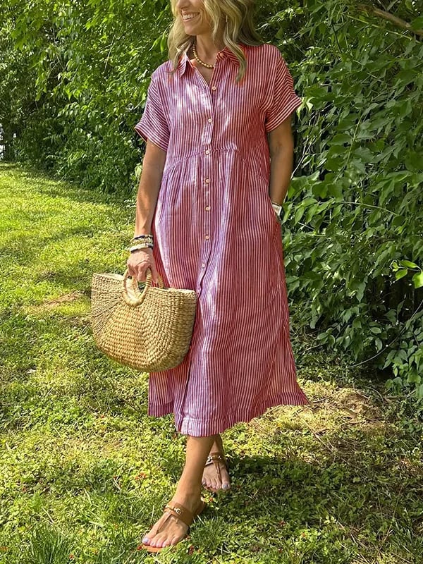 Brooke | Short Sleeve Striped Collared Button Up Casual Summer Midi Dress
