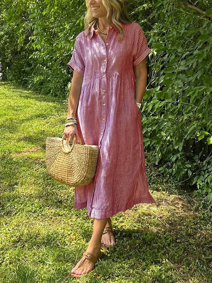 Brooke | Short Sleeve Striped Collared Button Up Casual Summer Midi Dress
