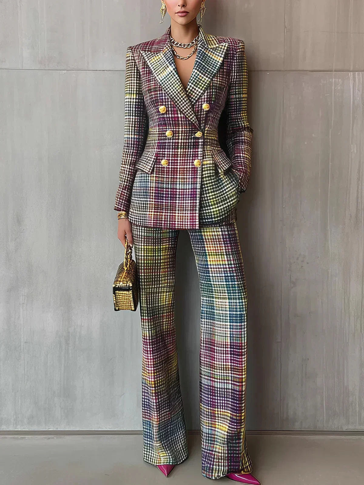 Sophia | Women's Plaid Double Breasted Tailored Suit Set