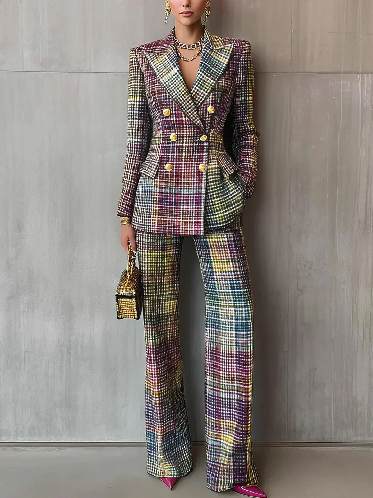 Sophia | Women's Plaid Double Breasted Tailored Suit Set