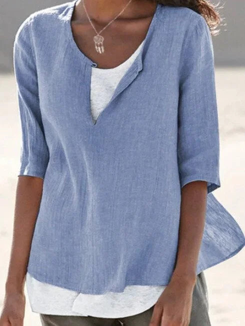 Maya | Linen Blend Split Neck 3/4 Sleeve Layered Hem Casual Top