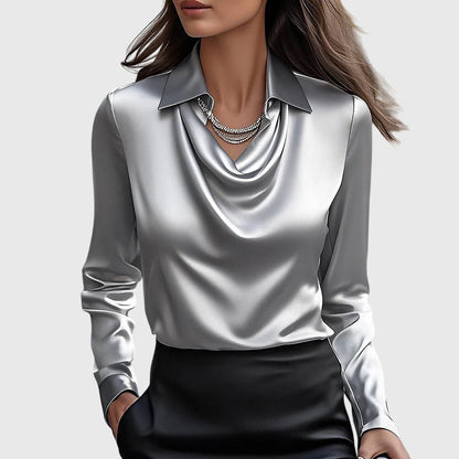 Brooklyn | Collared Cowl Neck Satin Long Sleeve Elegant Blouse