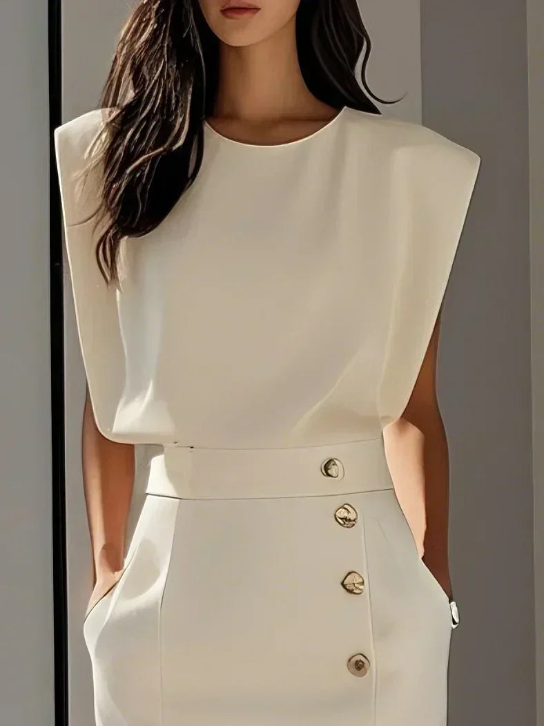 Quinn | Structured Shoulder Sleeveless Button Detail Midi Elegant Dress