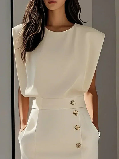 Quinn | Structured Shoulder Sleeveless Button Detail Midi Elegant Dress