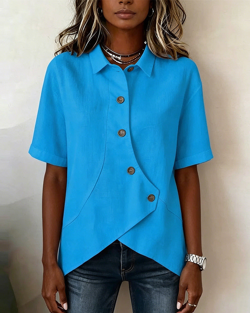 Marlowe | Women's Asymmetrical Placket Button Down Linen Blend Shirt