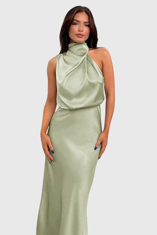 Ava | Draped High Neck Halter Sleeveless Satin Elegant Maxi Dress