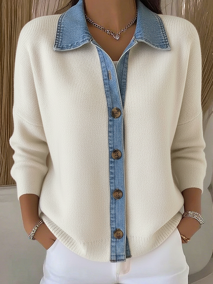 Brindle | Women's Polo Collar Denim Trim Knit Cardigan