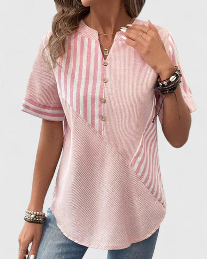 Gigi | Short Sleeve Striped Colorblock Stand Collar Casual Blouse