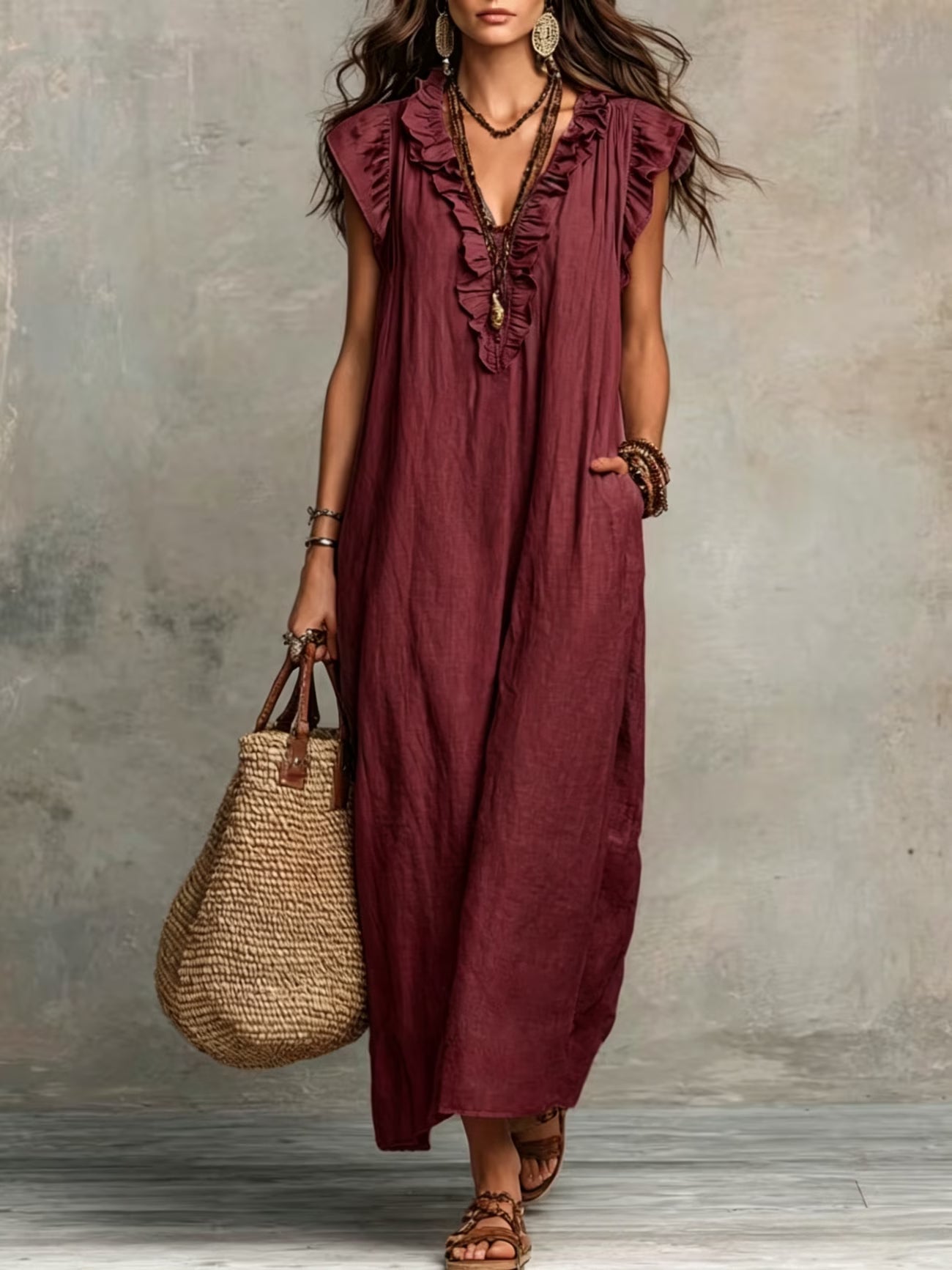 Delfina | Women's Ruffle V-Neck Relaxed Summer Maxi Dress