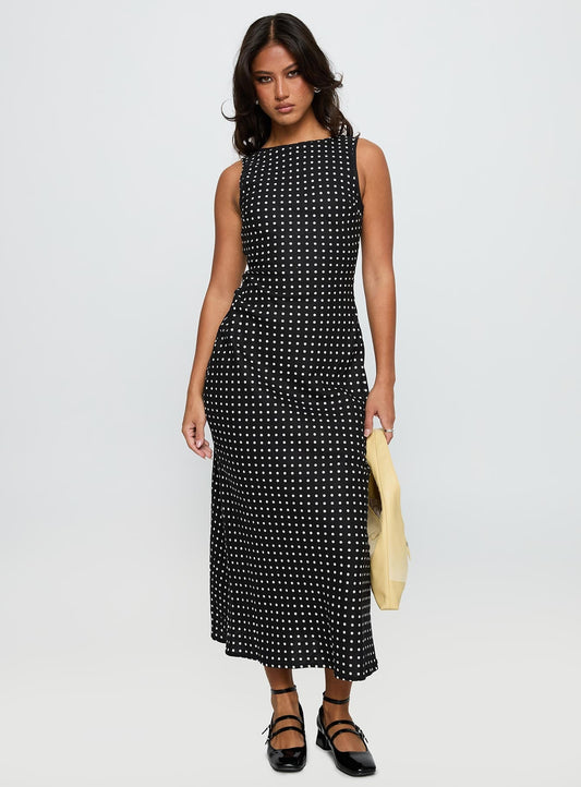 Diane | Polka Dot Boat Neck Sleeveless Fitted Midi Dress