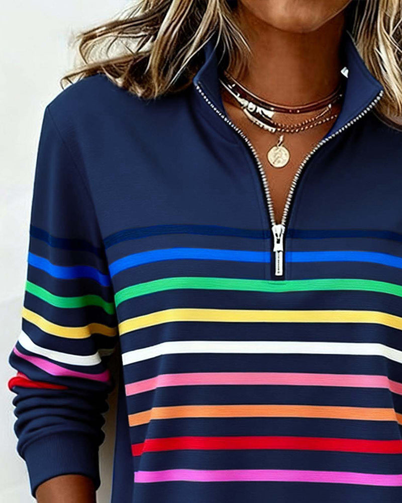 Remi | Multicolor Stripe Quarter Zip Stand Collar Casual Sweatshirt