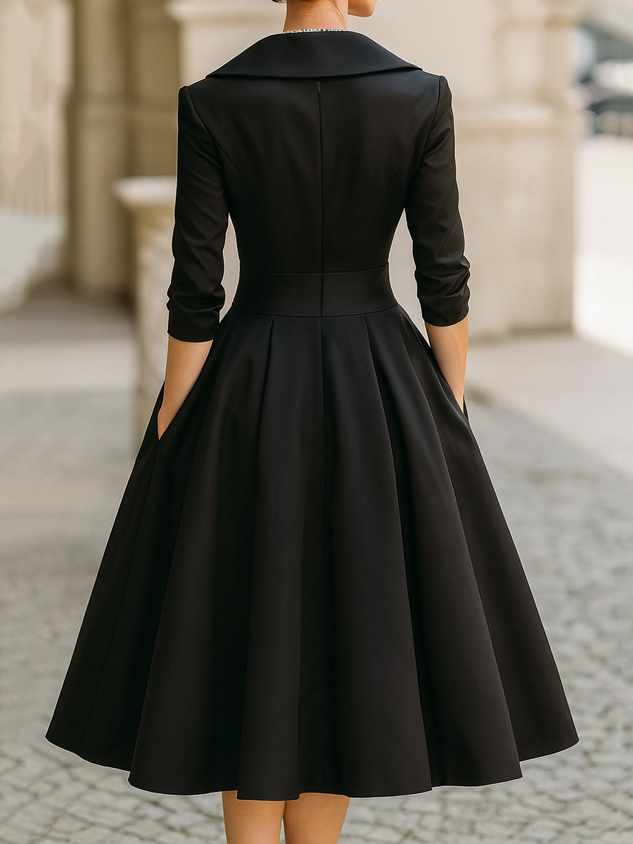 Reece | Satin A-Line Wrap Collar 3/4 Sleeve Midi Wedding Guest Dress