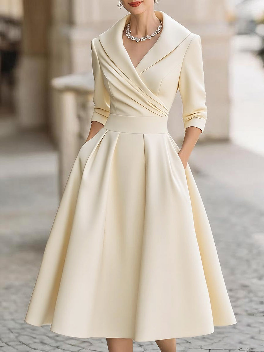 Reece | Satin A-Line Wrap Collar 3/4 Sleeve Midi Wedding Guest Dress