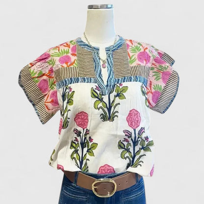 Elarion | Puff Sleeve Mixed Floral Print Notch Neck Relaxed Boho Blouse