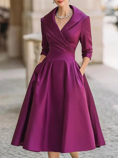 Reece | Satin A-Line Wrap Collar 3/4 Sleeve Midi Wedding Guest Dress