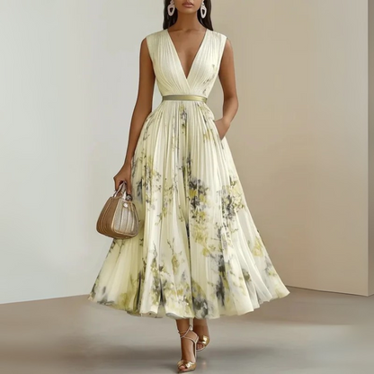 Aurora | Sleeveless Deep V Neck Floral Pleated Maxi Elegant Wedding Guest Dress