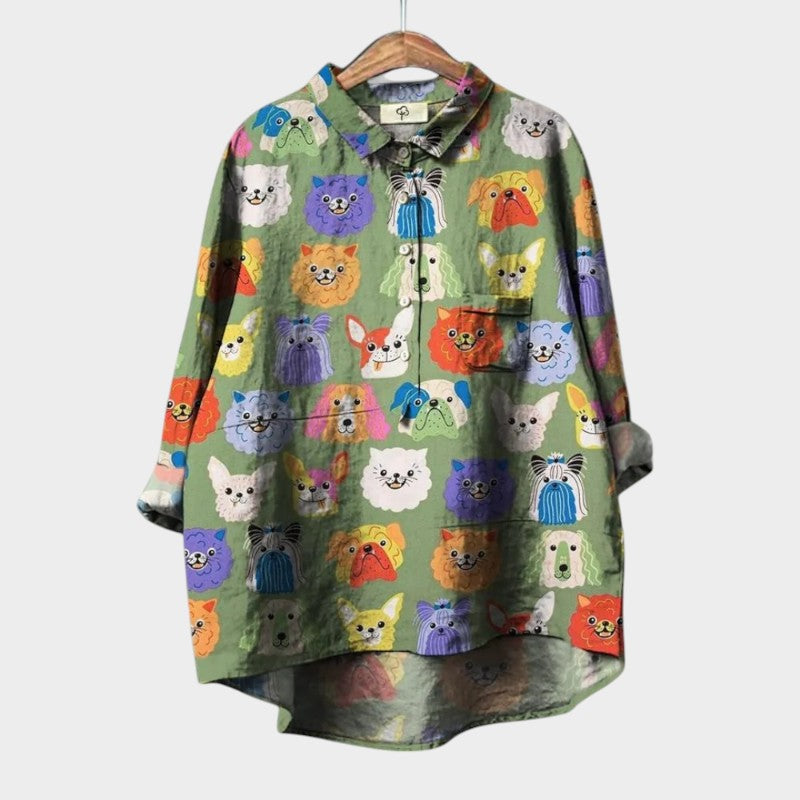 Milla | Long Sleeve Dog Print Collared Button Down Relaxed Blouse
