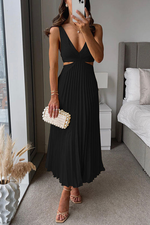 Evangeline | Cut Out Waist Deep V Neck Accordion Pleated Maxi Wedding Guest Dress
