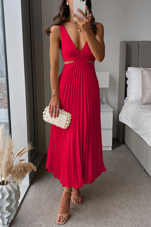 Evangeline | Cut Out Waist Deep V Neck Accordion Pleated Maxi Wedding Guest Dress