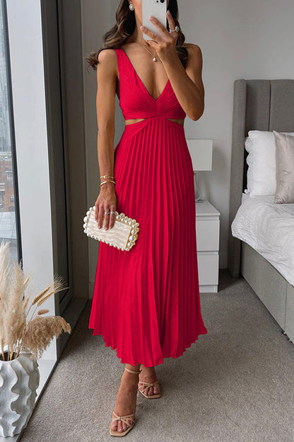 Evangeline | Cut Out Waist Deep V Neck Accordion Pleated Maxi Wedding Guest Dress
